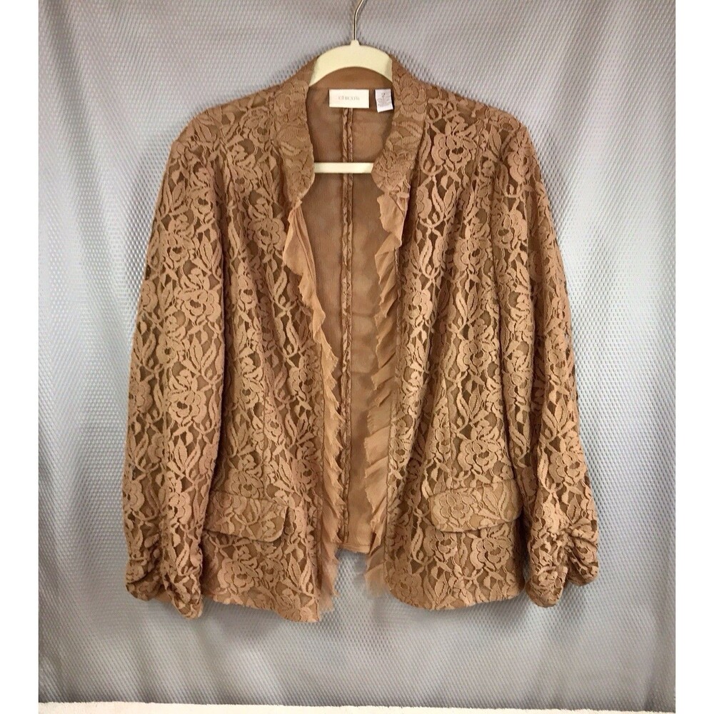 Chico's Shirt Womens 2 Brown Lace Open Front Comfort Faux Pockets Preppy Sheer